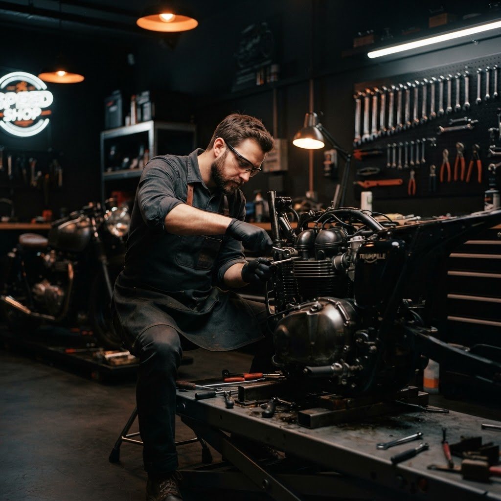 Sachin Motors mechanic servicing a motorcycle engine in the workshop